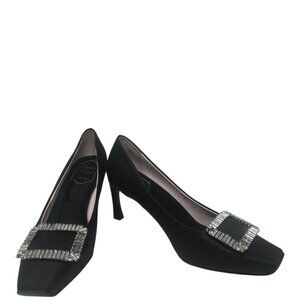 Roger Vivier Trompette Crystal Buckle Squared Toe Black Satin 70mm Pumps Size 11